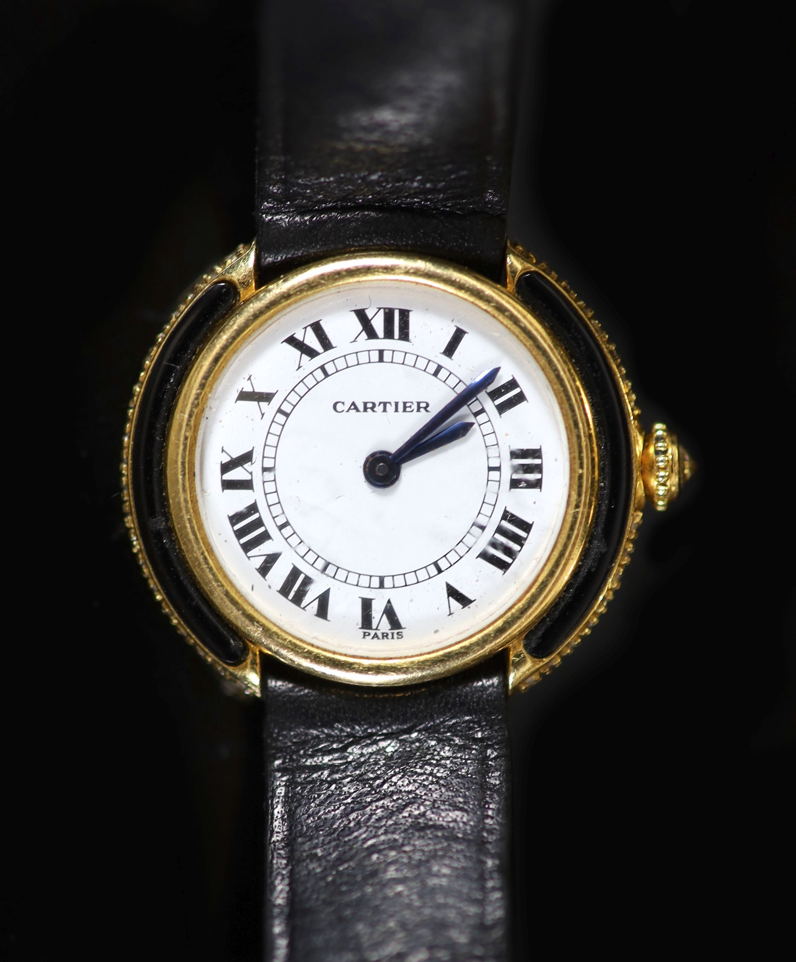 A lady's Cartier Vendome 18ct gold, black enamel and diamond set manual wind wrist watch